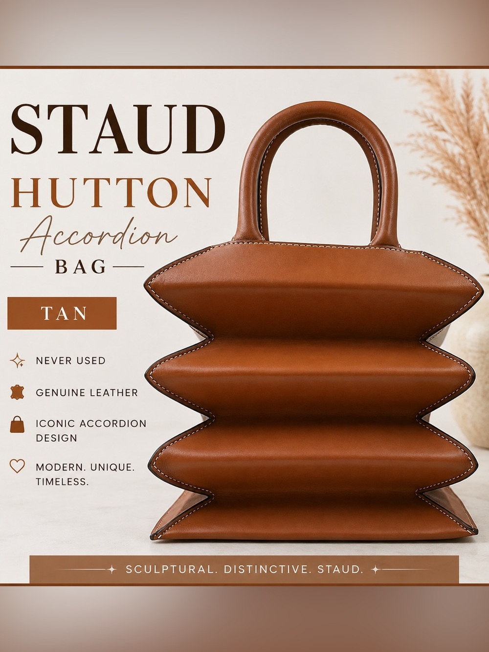 STAUD Hutton Tan Accordion Sculptural Leather Top Handle Purse. Never used!